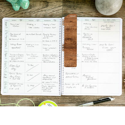 Elan Publishing Company HARDCOVER 7 Period Teacher Lesson Planner - Days Horizontally Across the Top with Bonus Clip-in Bookmark (Woodgrain)