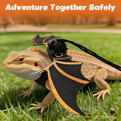 Dinosaur Wing Leash Harness for Bearded Dragons - 3-Size Adjustable Reptile Harness Set, Safe Escape-Proof Design for Lizards, Geckos, Iguanas & Small Pets (Black)