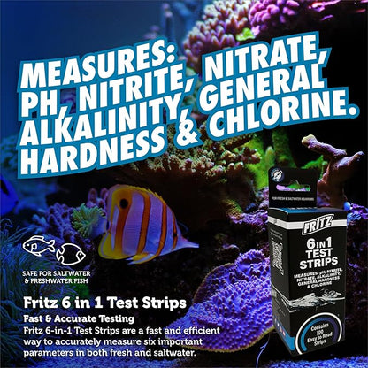 Fritz 6 in 1 Aquarium Test Strips - Monitor Nitrates, Nitrites, Water Hardness, Chlorine, Alkalinity and pH Level - 100 Count