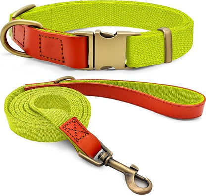 Dog Collar and Leash Set with Metal Quick Release Buckle, Adjustable, Breathable Nylon, Durable, Soft and Comfortable for Walking and Training, Fluorescent Yellow, M (12.6"-19.6")