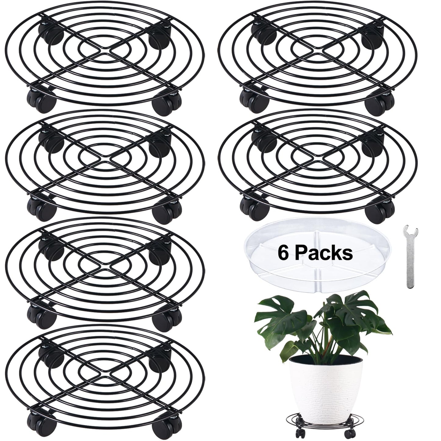 6 Packs 13 Inches Large Metal Plant Caddy with Wheels Rolling Plant Stands Heavy-duty Wrought Iron Plant Roller Base Pot Movers Plant Saucer on Wheels Indoor Outdoor Plant Dolly with Casters Planter Tray
