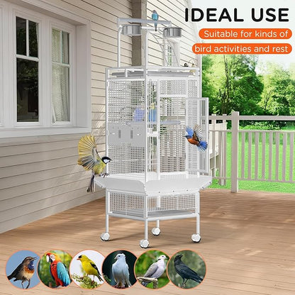 GarveeLife Large Bird Cage 60-inch Playtop Metal Bird Cages with Rolling Stands, Feed Bowls for Parakeets, Conures, Parrot Cage for Medium Large Parrot Cage with Slide-Out Tray Seed Guard, White