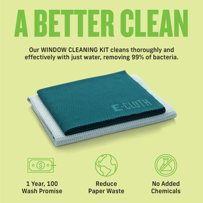 E-Cloth Microfiber Window Cleaning Cloth Kit - Glass Cleaning Cloth for Windows, Mirrors, Cars, Lenses, Eyeglasses, & More, Streak Free Clean, Machine Washable Reusable Towel - Green
