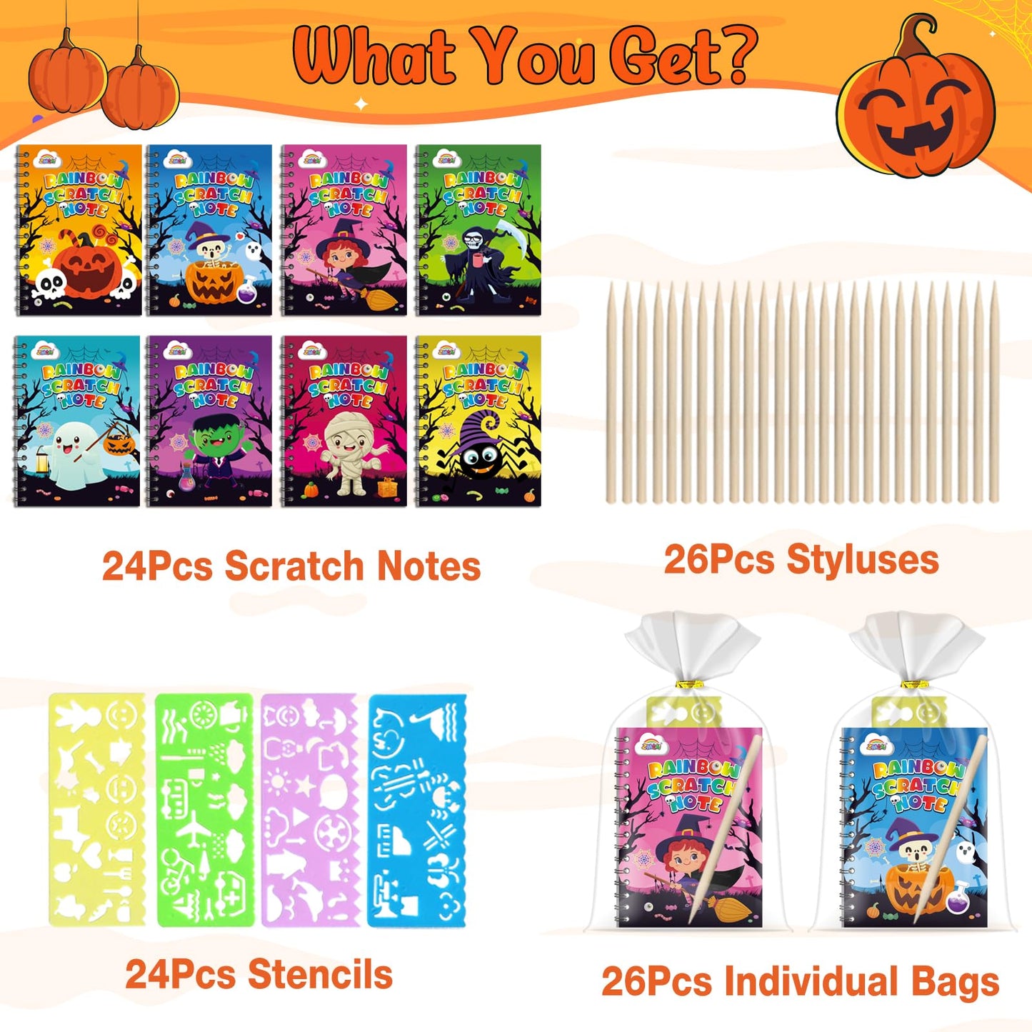 ZMLM 24 Pack Rainbow Scratch Art Party Favors for Kids 4-8 - Mess-Free Birthday Goodie Bags Stuffers, Classroom Prizes Grades 1–3, Creative Paper Notebooks for Pre-K Kindergarten Gifts(Halloween