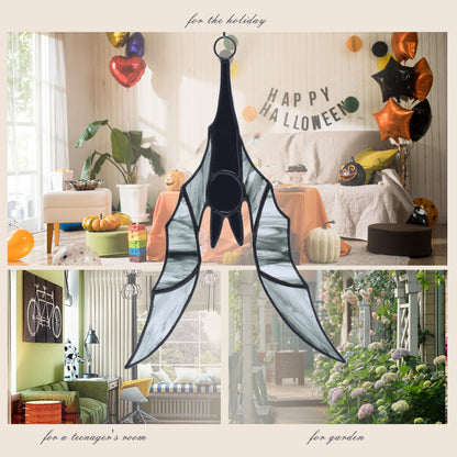 Velasyart Bat Stained Glass Window Hangings,Suncathers, Larger Halloween Bat Ornaments Spooky Home Decoration