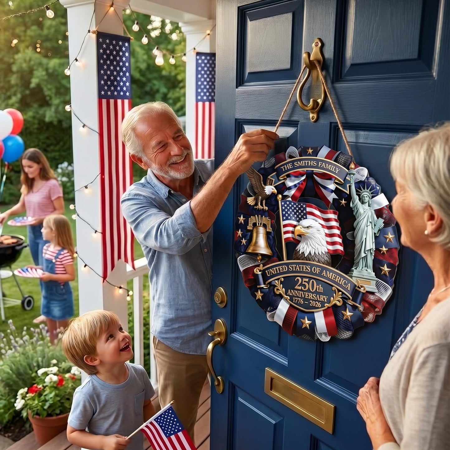 250 Anniversary USA Wreath, Wooden Eagle Door Sign 177-2026 Patriotic Front Door Decor for 4th of July Independence Day Home Porch Wall, 11.8 Inch