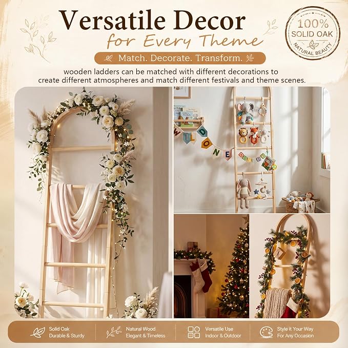 Sintuff Arched Blanket Ladder for Living Room, 5.5ft Wooden Blanket Rack, 5-Tier Natural Leaning Ladder Shelf for Farmhouse Bedroom Living Room Bathroom Decor(Arch,Oak)