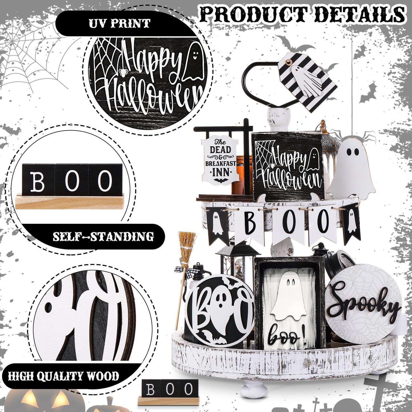 Wonderjune 19 Pcs Halloween Ghost Tiered Tray Decor Cute Boo Spooky Tray Decorations Black White Ghost Wooden Signs Mini Witch Broom Farmhouse Rustic Halloween Decorations for Home Table Office Desk