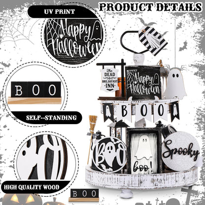 Wonderjune 19 Pcs Halloween Ghost Tiered Tray Decor Cute Boo Spooky Tray Decorations Black White Ghost Wooden Signs Mini Witch Broom Farmhouse Rustic Halloween Decorations for Home Table Office Desk