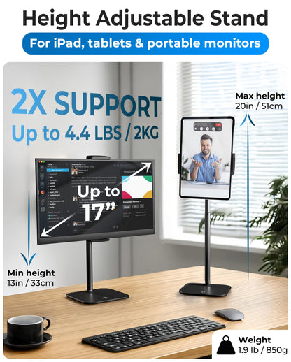 COOPER TabStand, 20" Tall iPad Stand for Desk, Portable Monitor Holder up to 17" Holds 4.4lb, Desktop Tablet Stand, Tablet Mount, Apple iPad Holder for Desk, for Samsung, Kindle, Fire (Night Black)