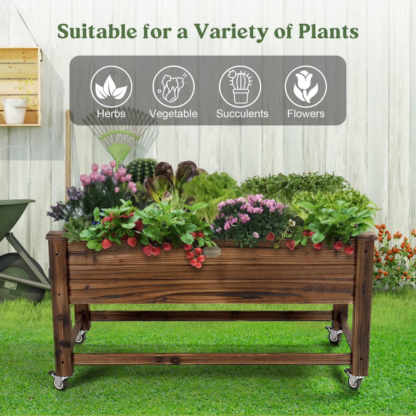 OIPRTGFJ Cedar Wood Outdoor Raised Garden Bed Planter Box with Locking Wheels, 41x21x20 inch, Carbonization Color