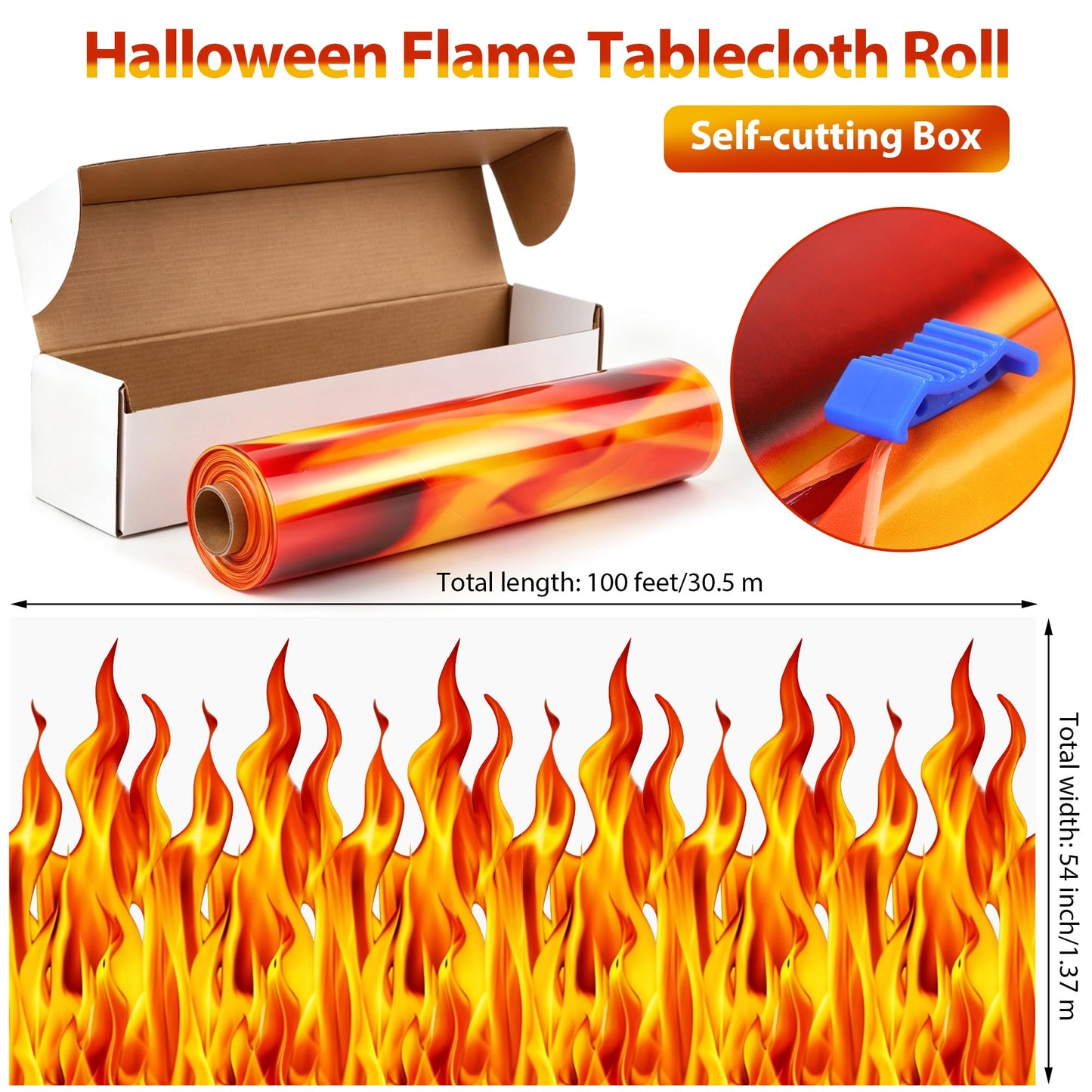 Kochorie 100 Ft x 54 Inch Halloween Flame Party Tablecloth Roll with Cutter Box Waterproof Plastic Fake Fire Table Cover for Halloween Campfire Party Supplies Decorations
