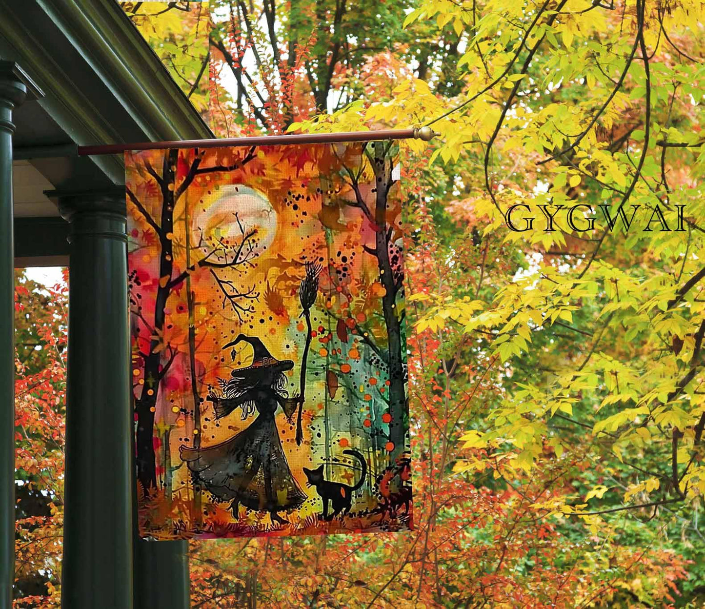 Halloween Witch Cat House Flag 28x40 Inch Double Sided Outside, Halloween Yard Flag for Fall Holiday Outdoor Decorations