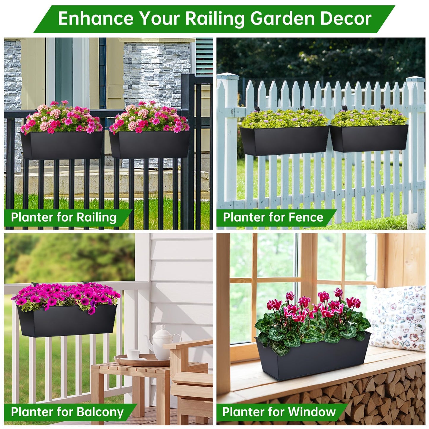OGIMA 16-Inch Railing Planter Box, 3 Pack Large Hanging Planters for Outdoor Plants with Detachable Wide Hooks for 2.7'' Railings - Balcony Planters Railing Hanging for Deck, Fence & Patio Decor