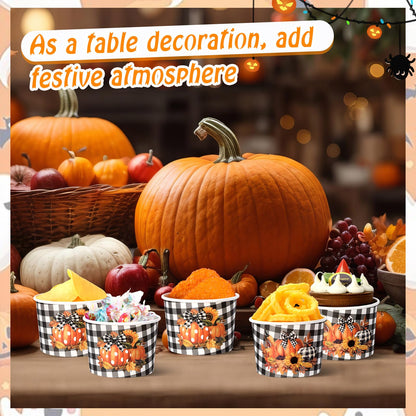 Sabary 60 Pieces 9 oz Fall Disposable Paper Bowls Thanksgiving Treat Snack Cups Pumpkin Paper Candy Dessert Bowls Buffalo Plaid Soup Cups Harvest Thanksgiving Party Supplies for Hot Cold Food