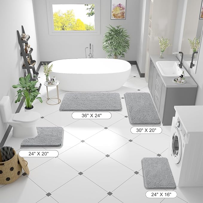 OLANLY Large Bathroom Rugs 45x27, Extra Soft Absorbent Chenille Bath Rugs, Rubber Backing Quick Dry, Machine Washable Bath Mats for Bathroom Floor, Tub and Shower, Home Decor Accessories, Light Grey