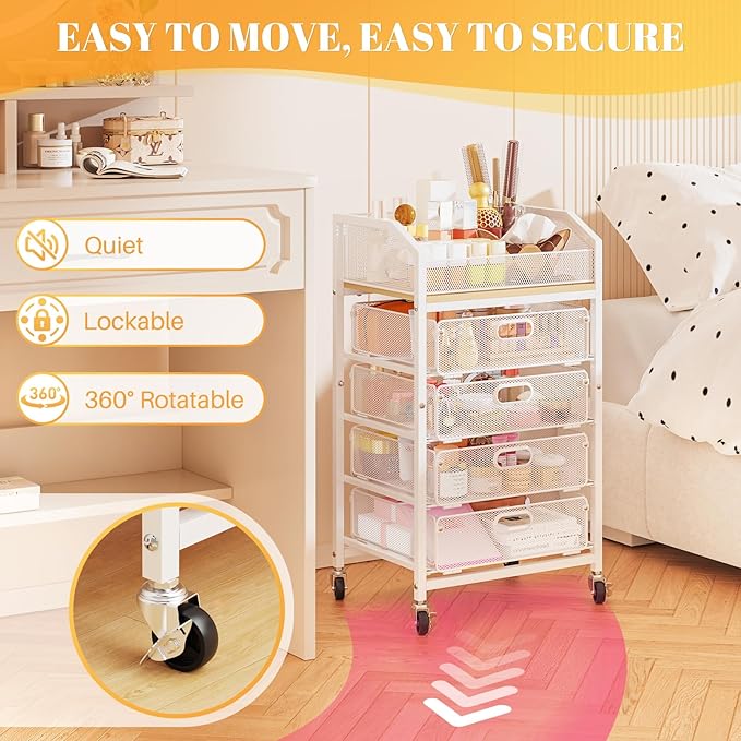 SUNALLY Makeup Organizer Cart with 4 Drawers, Rolling Makeup Storage Cart Metal Skincare Organizers, Large Vanity Storage Organizer Cosmetics Display Cases for Skin Care Perfume Nail Polish, White
