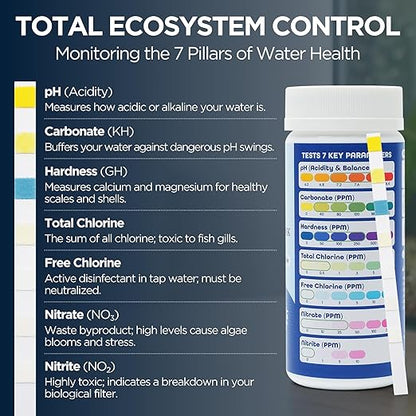 Pond Test Strips 7-in-1 (50 Pack) – Fish Tank & Pond Water Testing Kit for Freshwater & Saltwater – Quick & Accurate Aquarium Water Test Kit for pH, Nitrate, Nitrite, Hardness