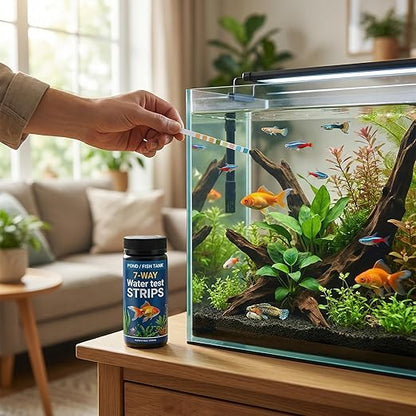 7-in-1 Pond & Fish Tank Test Strips - 100 Count | Fast 30s Water Test Kit for Carbonate, pH, Hardness, Chlorine, Nitrate, Nitrite | Freshwater & Saltwater Aquariums