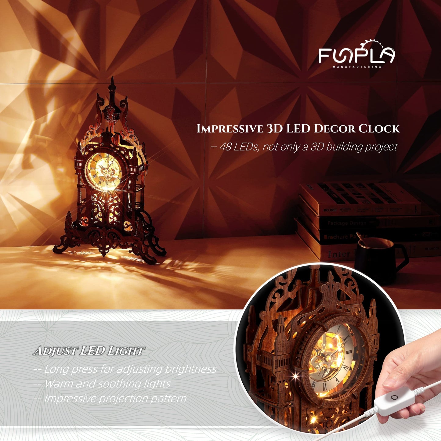 FUNPOLA LED 3D Wood Puzzle Clock Tower, 3D Puzzle Building Model, 3D Home Décor Puzzle DIY 3D Clock Kit for Adults (LED-WTC02)