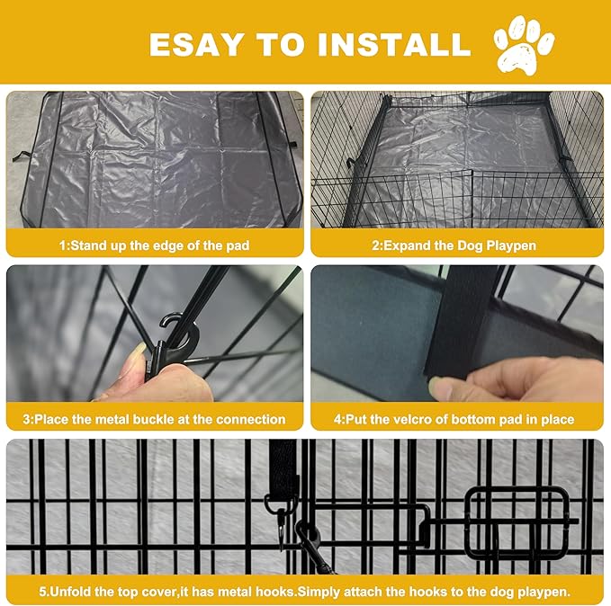 Dog Playpen with Top Cover and Bottom Pad - Foldable Metal Puppy Play Pen,24x30in 8 Panels Dog Playpen with Door for Indoor Outdoor,Heavy-Duty Pet Exercise Fence for Small Medium Animals