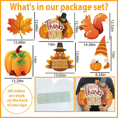 Thanksgiving Yard Signs Stakes - 6PCS Fall Outdoor Decorations - Maple, Squirrel, Turkey, Gnome, Pumpkin Corrugated Lawn Signs for Outside