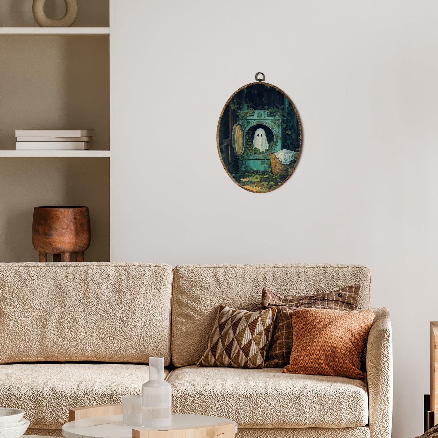 OINDADE Halloween Ghost Oval Wall Art Decor, Laundry Room Cute Ghost Wall Art Hanging Decor, Halloween Fall Season Funny Spooky Washing Machine Framed Canvas Artwork for Laundry Room Home, 8.8x11.5in
