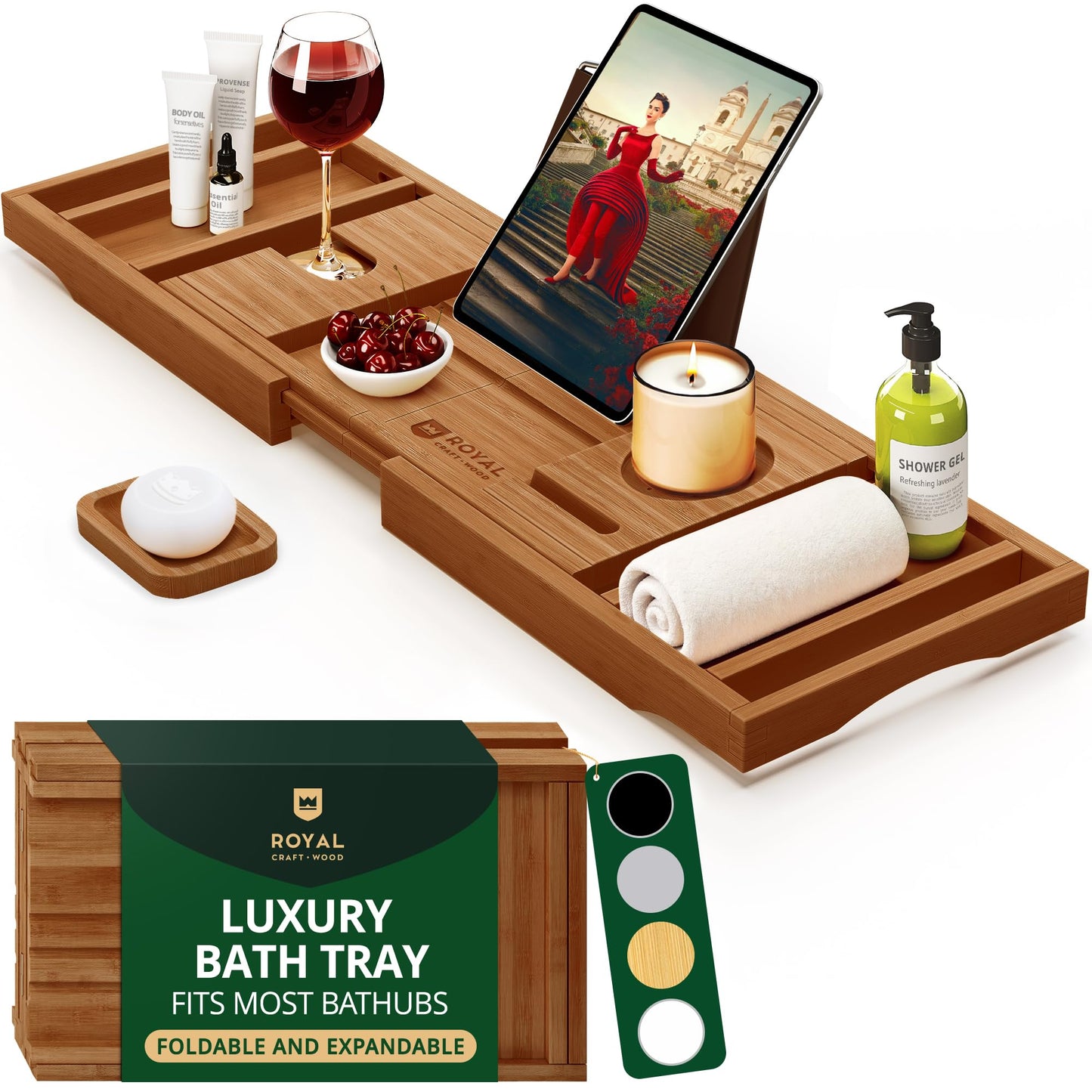 ROYAL CRAFT WOOD Premium Foldable Bathtub Tray Caddy - Wood Bath Tray for Tub, Bamboo Shelf, Expandable Bath Table Trays, Bathtub & Bathroom Accessories for New Home & Mothers, Birthday Gifts for Mom