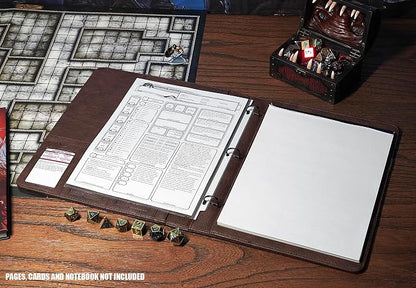 Forged Dice Co. Game-Folio PU Leather Portfolio Binder - Gaming Binder for DND Character Sheets with DND Spell Cards Organizer and Clear Front Pocket - Compatible with Dungeons and Dragons RPG - Brown
