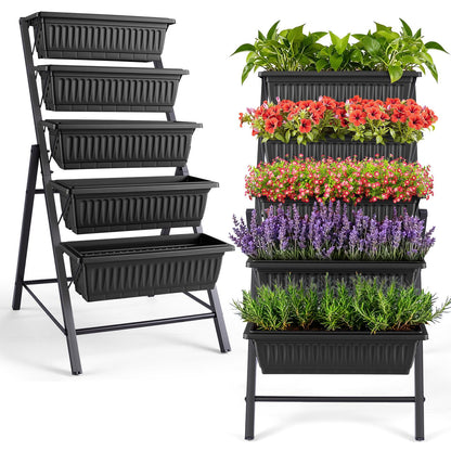TEANDE 2 Pack Vertical Raised Garden Bed, 5-Tier Elevated Planter Box w/Drainage System & 4 Hooks for Herbs Vegetables Flowers, Vertical Garden Planter for Patio Yard Indoor Outdoor, Black