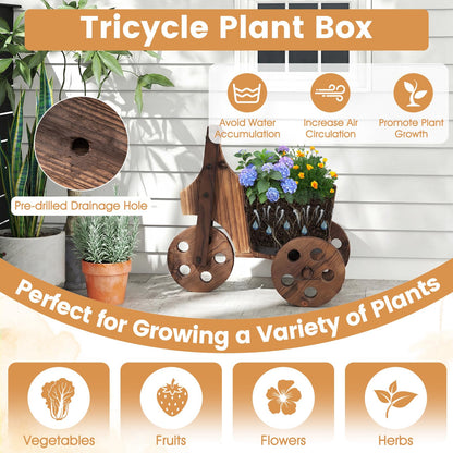 Giantex Wooden Wagon Planter with Wheels, Rustic Wood Plant Stand with 3 Wheels & Drainage Hole for Flowers Herbs Vegetables, Indoor Outdoor Decorative Garden Flower Cart for Patio Backyard (1)