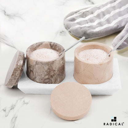 Radicaln Marble Salt Cellar with Lid and Tray 3" Inch Oceanic & Verona Handmade Set of 2 Seasoning Jars For Kitchen Storage, Ideal Table Sugar Bowl & Salt Dish For Countertop