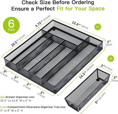 Neudeco Drawer Organizer Set, Black Mesh, 6 Pack | 5-Compartment Silverware Organizer Tray, 5 Utensil Trays, For Flatware, Cutlery, Office Supplies, Non-Slip