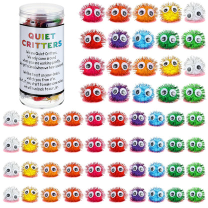 WinnerWhy 50 Pcs 1'' Pom Poms Critters with Plastic Jar Quiet Critters Classroom Management, Behavior Classroom Management Tool, Homeschooling, Educational and Learning Activities for Kid(Multicolor)