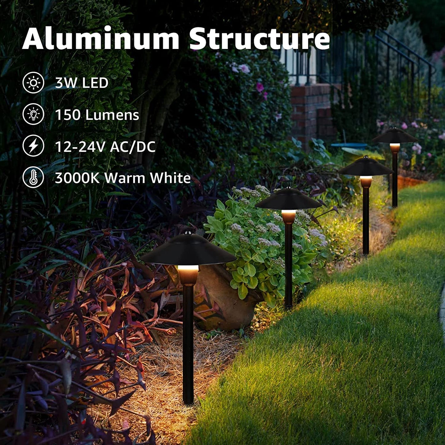 SUNVIE LED Pathway Lights 12-24V 3W IP65 Waterproof Aluminum Black 2 Pack