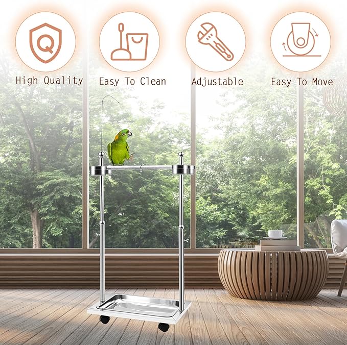 Tandefio Parrot Stand Bird Play Stand 21.65 x 15.35 x 27.95 Inches Large Metal Stainless Steel Bird Playstand Adjustable Height Perch with Universal Wheels and Feeding Bowls
