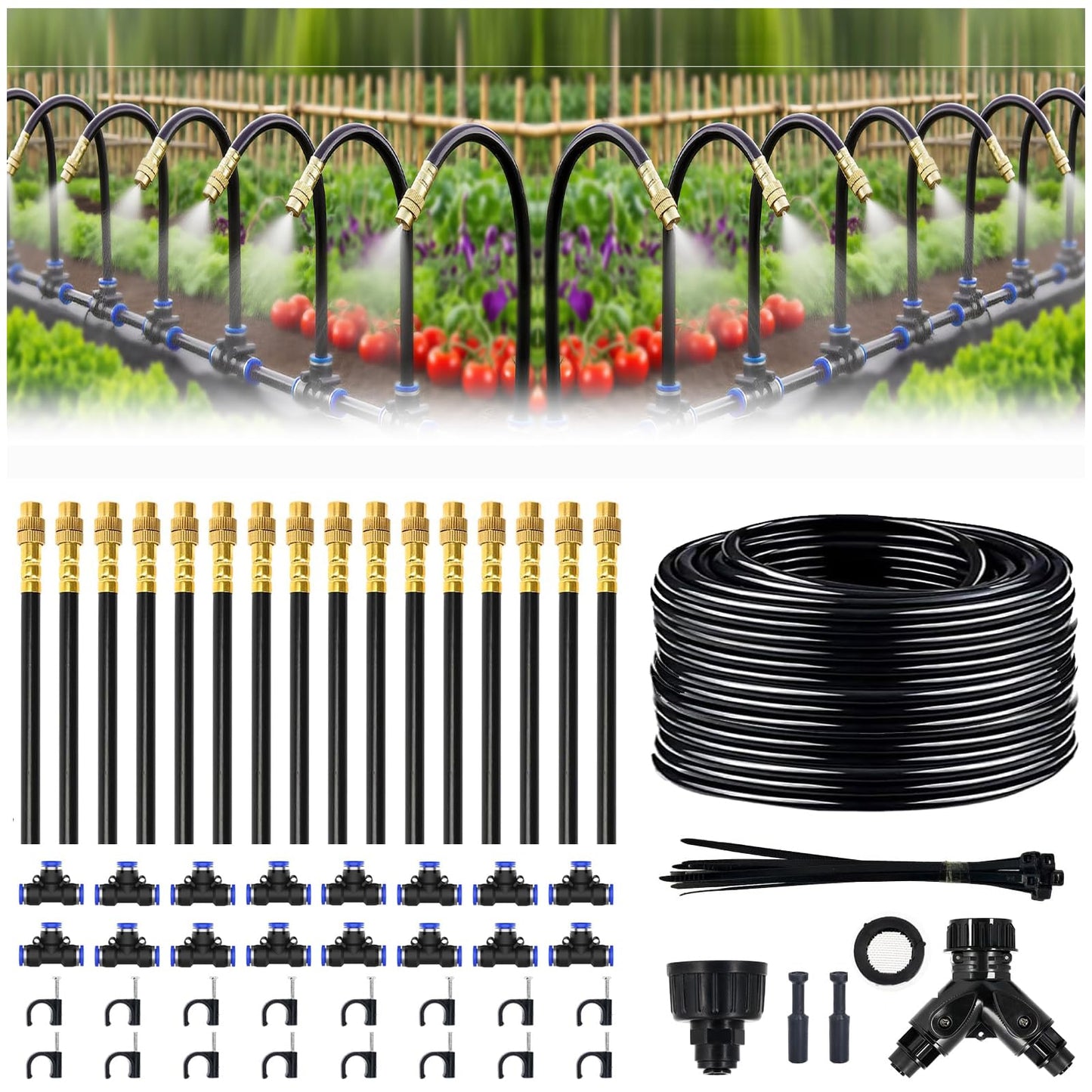 100FT Drip Irrigation System, 1/4 Inch Hose with 360° Adjustable Copper Nozzles – Garden Watering Kit for Lawn, Raised Beds, Greenhouse & Yard