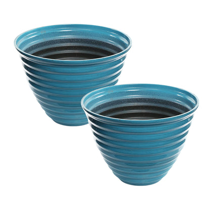 Alpine Corporation 16" Diameter Indoor/Outdoor Ribbed Plastic Planters, Lightweight with Plug-in Drainage Hole, Blue, Medium - Set of 2