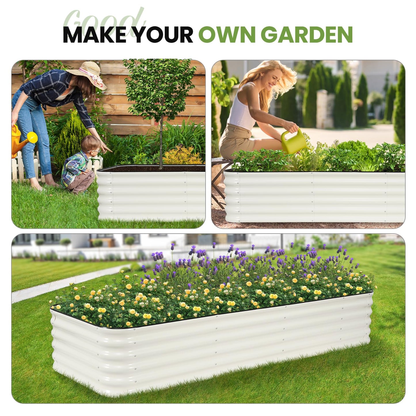 G GOOD GAIN Raised Garden Bed Kit - 5-in-1 Adjustable Galvanized Metal Planter Box with Protective Tape & Gloves & Tools | 8x3x1.4ft Outdoor Raised Bed for Gardening Vegetables, Flowers, Herbs, Green