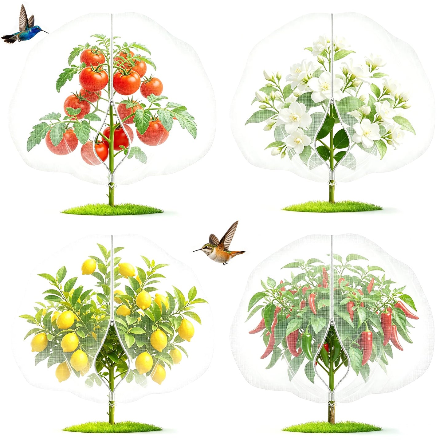 OUTCREATOR® Bird Netting for Garden Protection, 4 Pack Garden Netting Pest Barrier with Zipper and Drawstring, Fruit Tree Netting Mosquito Net Tomato Protective Cover for Blueberry Bushes,2.6 X 3.3 ft