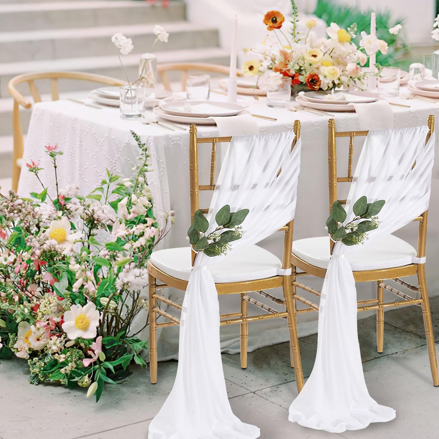 QueenDream White Chair Sashes Wedding Aisle Decorations: 24 Packs 8ft Long Draping Fabric Sheer Church Chair Cover Bulk for Party Banquet