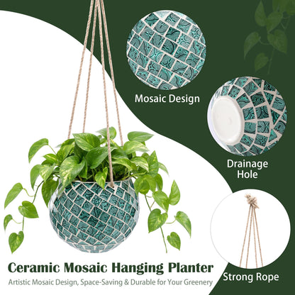 Chonsun Ceramic Hanging Planter Mosaic Hanging Flower Pot Small Plant Pot for Indoor Plant Disco Ball Planter with Drainage