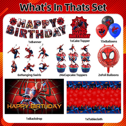 Spider Birthday Decorations, Party Supplies Set Include Banner, Backdrop, Balloons, Hanging Swirls, Cake Cupcake Toppers, Tablecloth for Boys Girls Spider Theme Party