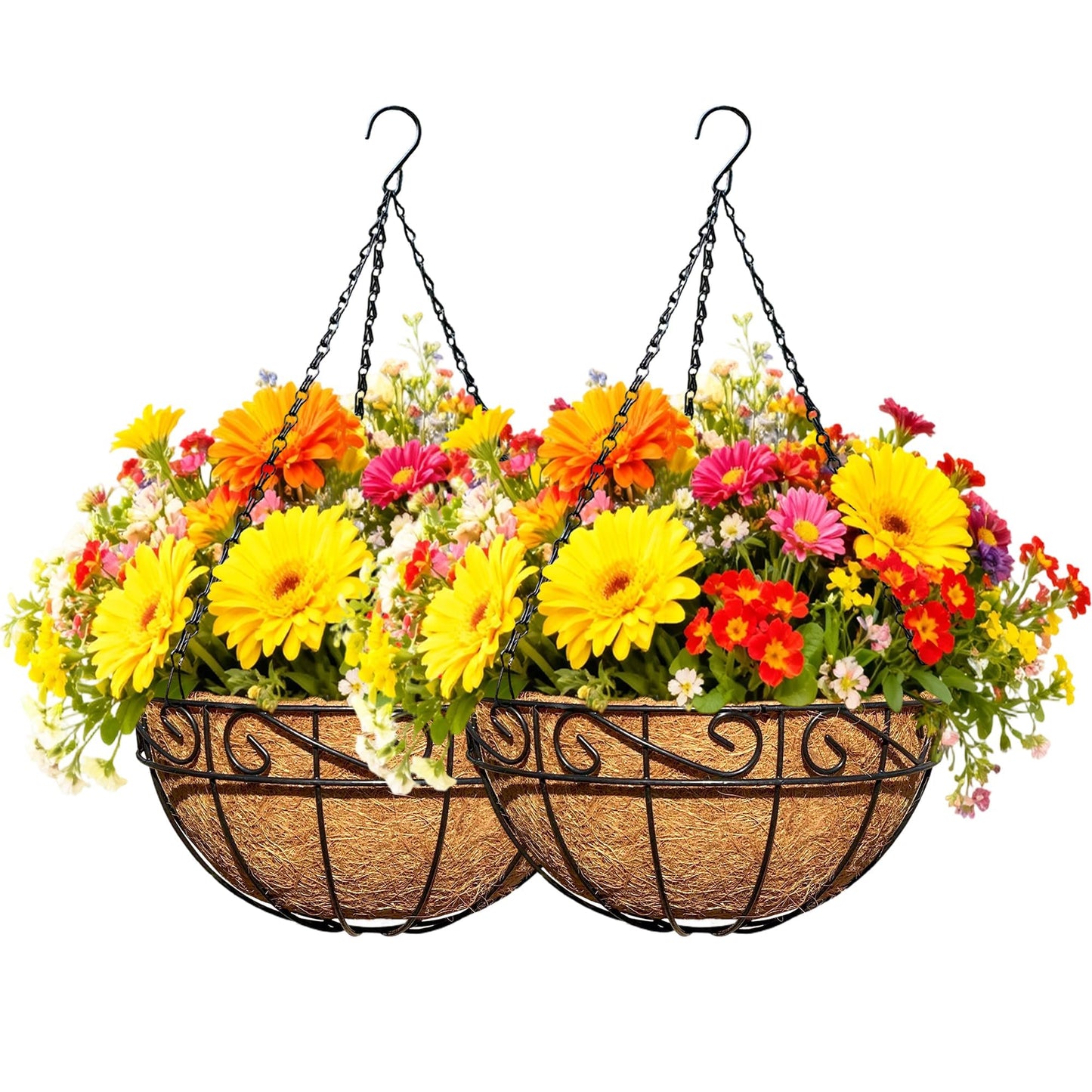 ZVOWOS 2 Pack 12 Inch Black Metal Hanging Basket Hanging Planter with Coco Coir Liner Heavy Duty Hanging Flower Pot Holder for Indoor Outdoor Patio Garden Porch Balcony Decor (Lace)