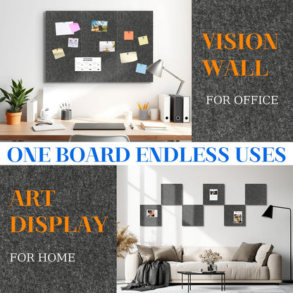 DOLLAR BOSS Felt Cork Board Tiles, 6 Packs 12" x 12" 1/2" Thick Cork Bulletin Board Self Adhesive Corkboards for Walls with 60 Pushpins for Home Office Kitchen School Decor Display, Grey