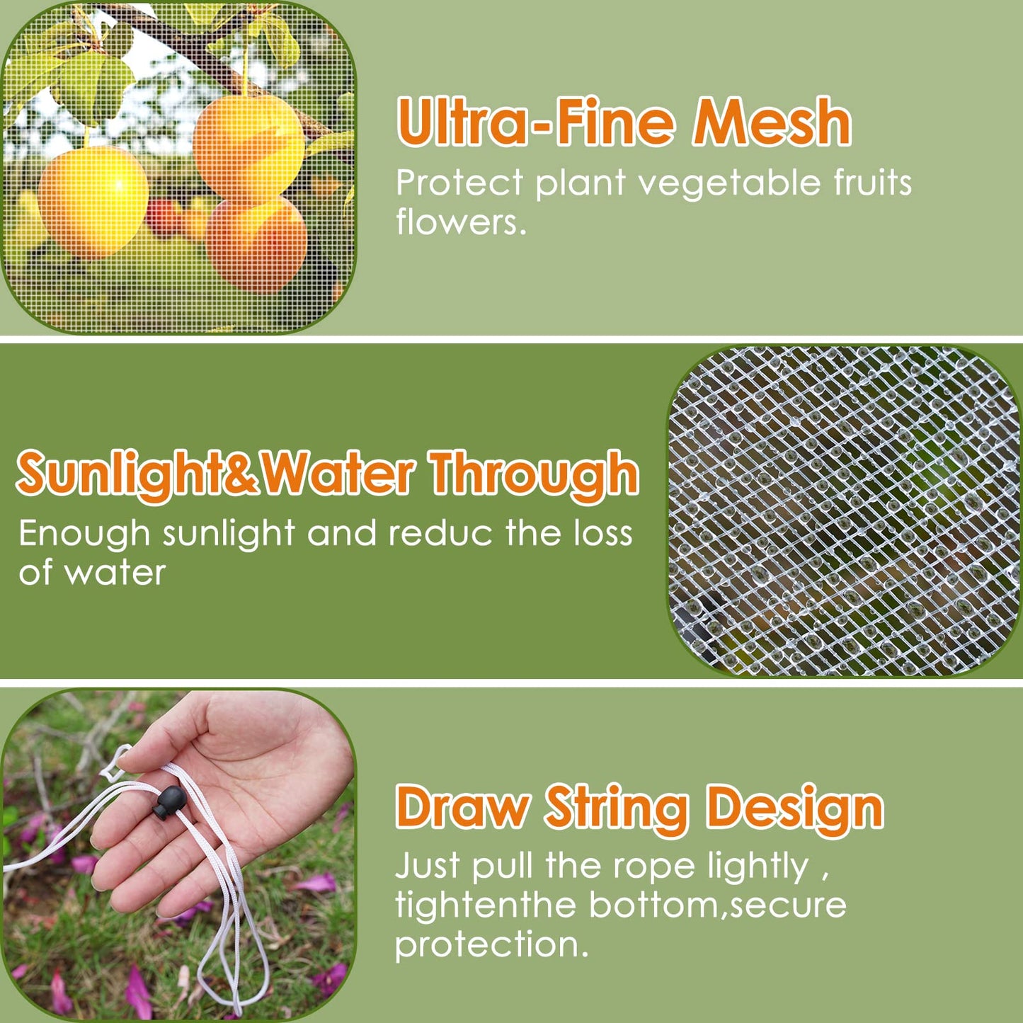 Mesh Plant Cover 3PCS,Garden Netting Mesh Outdoor,Netting for Tomato Plants,Garden Bug Netting Plant Cover,Bird Netting for Garden,Fruit Tree Netting (2.6 x3.2 ft)
