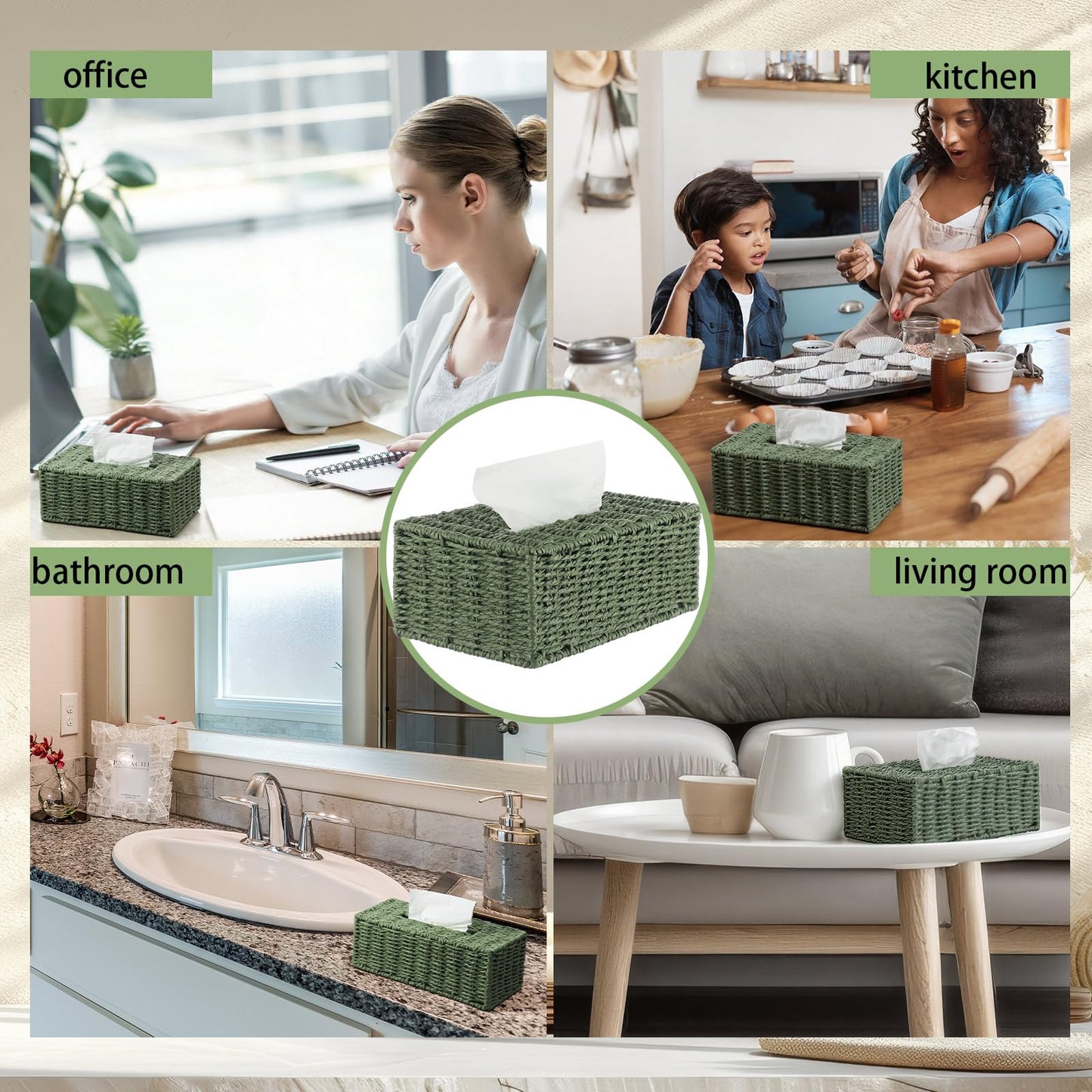 Acellegic Sage Green Tissue Box Cover Rectangle Natural Paper Rope Hand Woven Tissue Box Holder for Bathroom Living Room Bedroom Kitchen Table Desk Office Farmhouse Home Decor