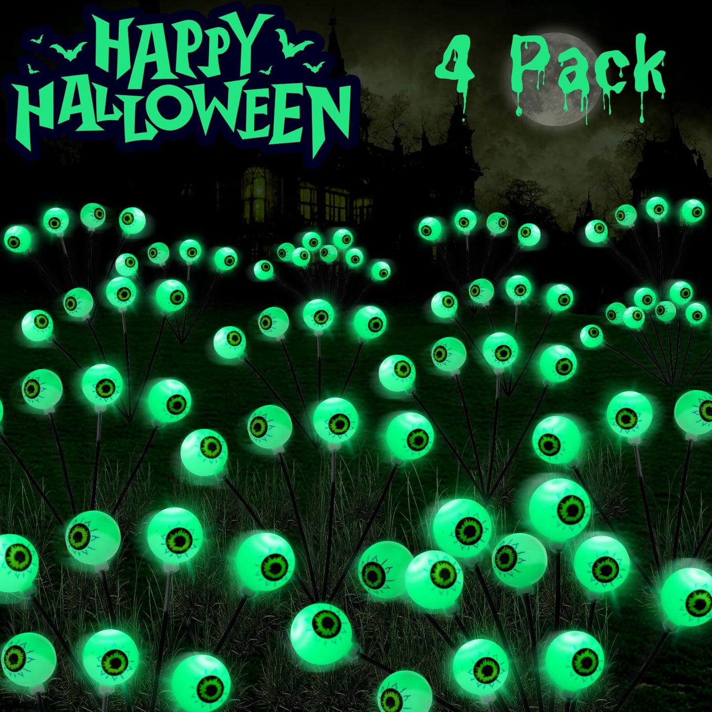 LCHUANG 4 Pack Halloween Decorations Outdoor Lights - 32LED Solar Scary Eyeball Pathway Light Swaying by Wind, Waterproof Solar Halloween Stake Lights for Garden Porch Lawn Pathway (Green)