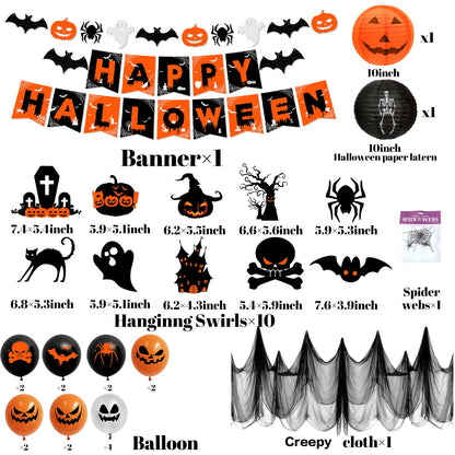 Halloween Decorations,Orange and Black Halloween Party Decorations Hanging Swirls,Ghost and Bat Spider Banner,Creepy Cloth, Balloon for Spooky halloween Decor Set