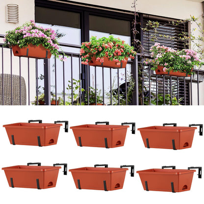 ETELI Railing Planter Box 6 Pack Balcony Planters Railing Hanging with Metal Brackets Window Boxes Deck Rail Planter for Outdoor Indoor Porch Garden Patio, Red & Black